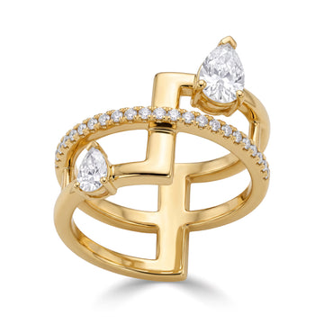 Asymmetric Open Band Pear and Round Diamond Ring