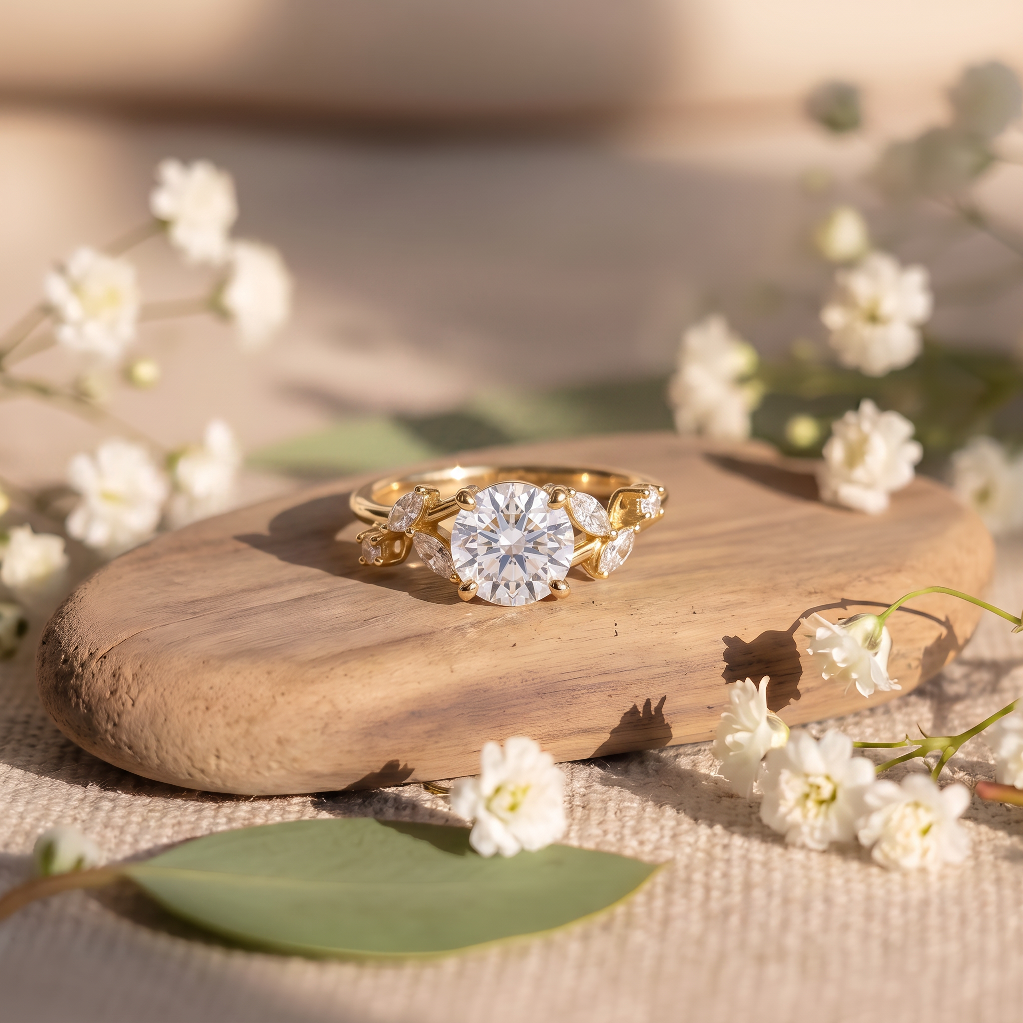 Round Solitaire Leaf Accent Lab Grown Diamond
