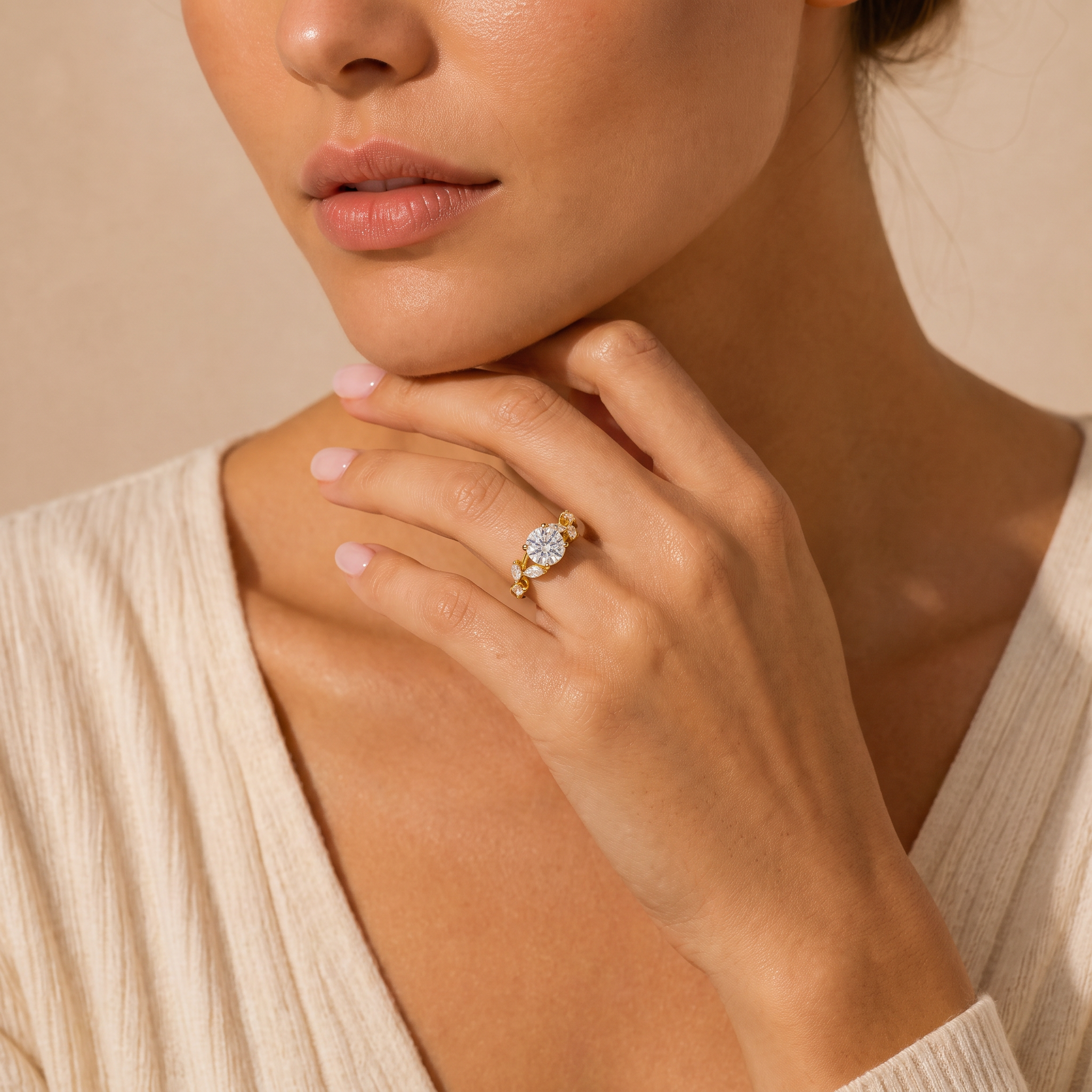 Round Solitaire Leaf Accent Lab Grown Diamond