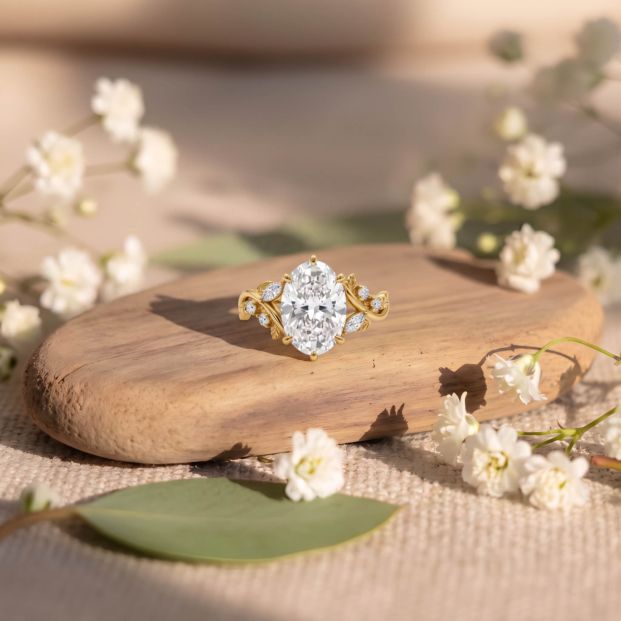 Subtle Leaf Accent Oval Lab Grown Diamond