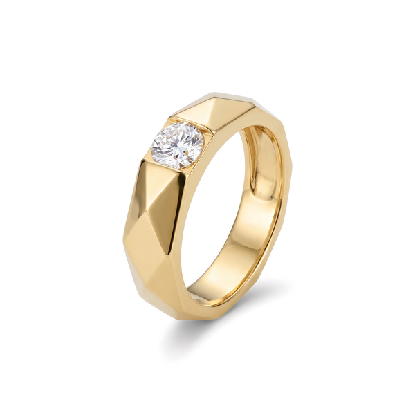 Geometric Faceted Semi-Bezel Round Solitaire Men's Ring