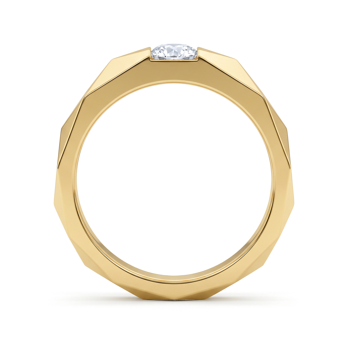 Geometric Faceted Semi-Bezel Round Solitaire Men's Ring
