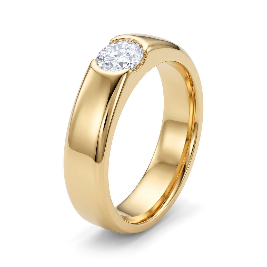 Brushed Beveled Semi-Bezel Round Solitaire Men's Ring