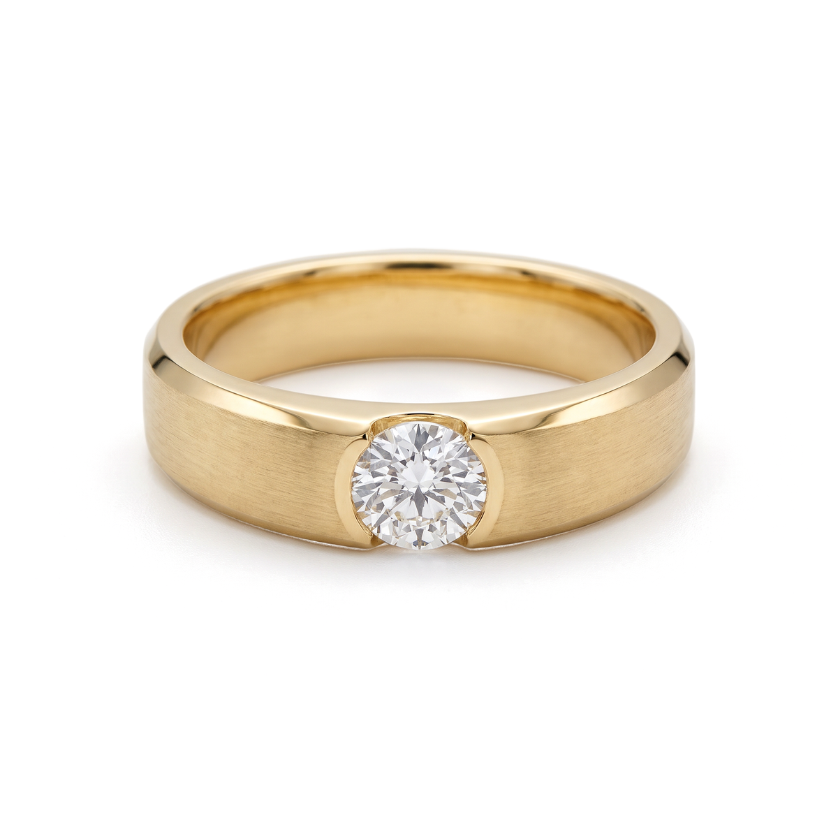Brushed Beveled Semi-Bezel Round Solitaire Men's Ring