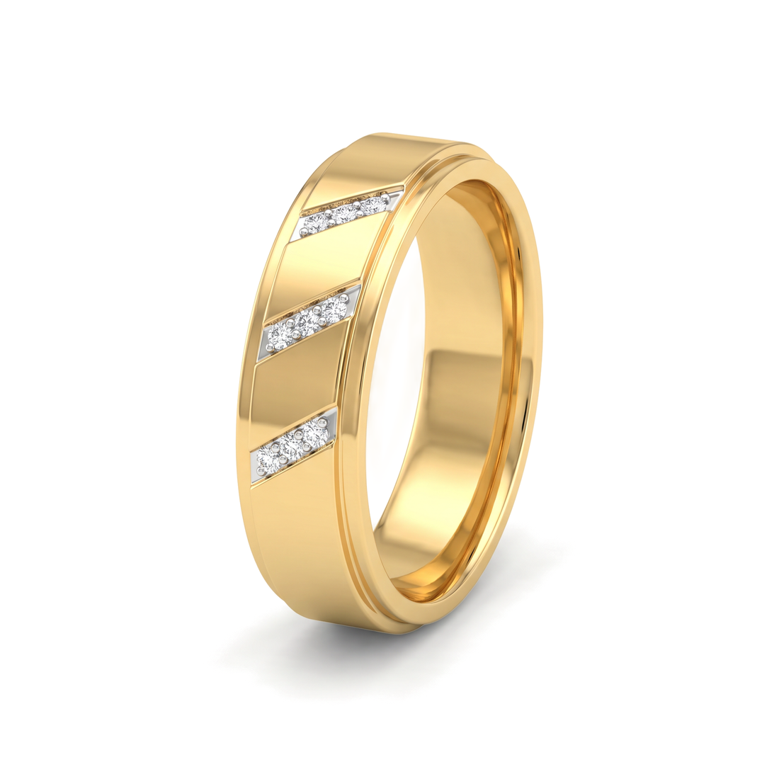 Diagonal Grooved Flush Round Diamond Men's Ring