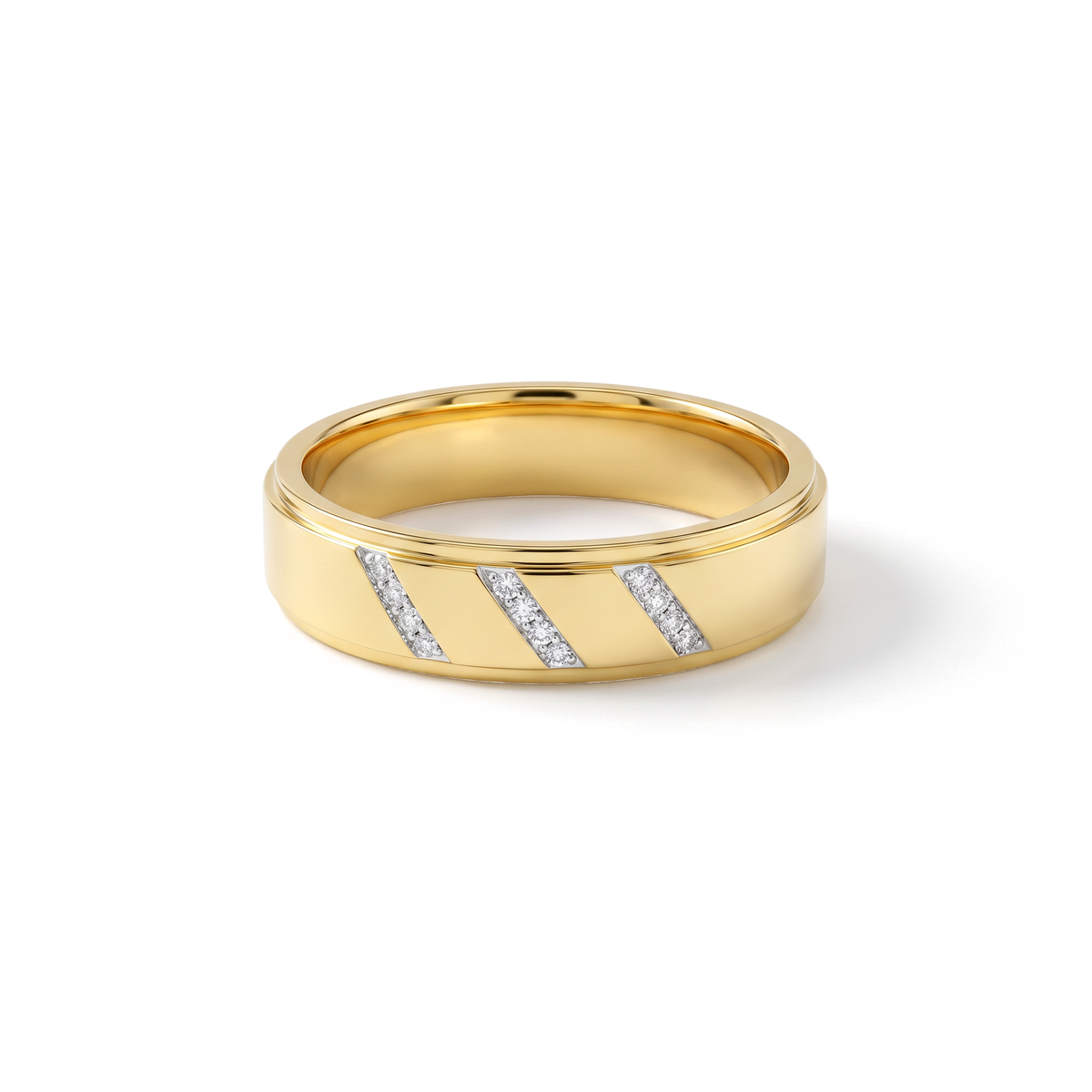 Diagonal Grooved Flush Round Diamond Men's Ring