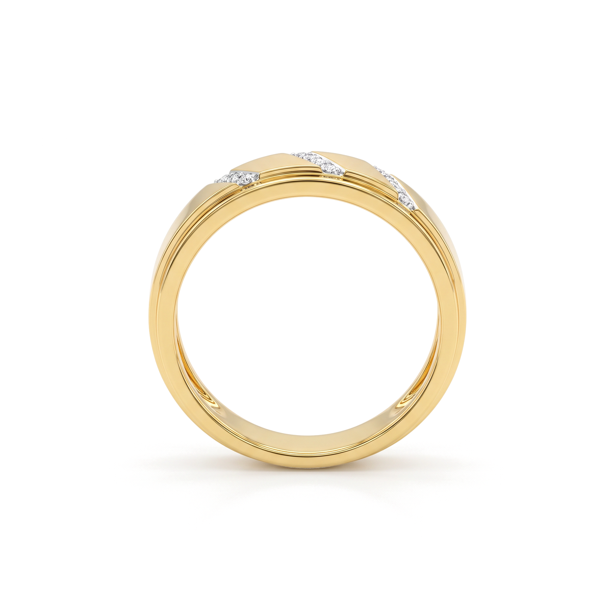 Diagonal Grooved Flush Round Diamond Men's Ring