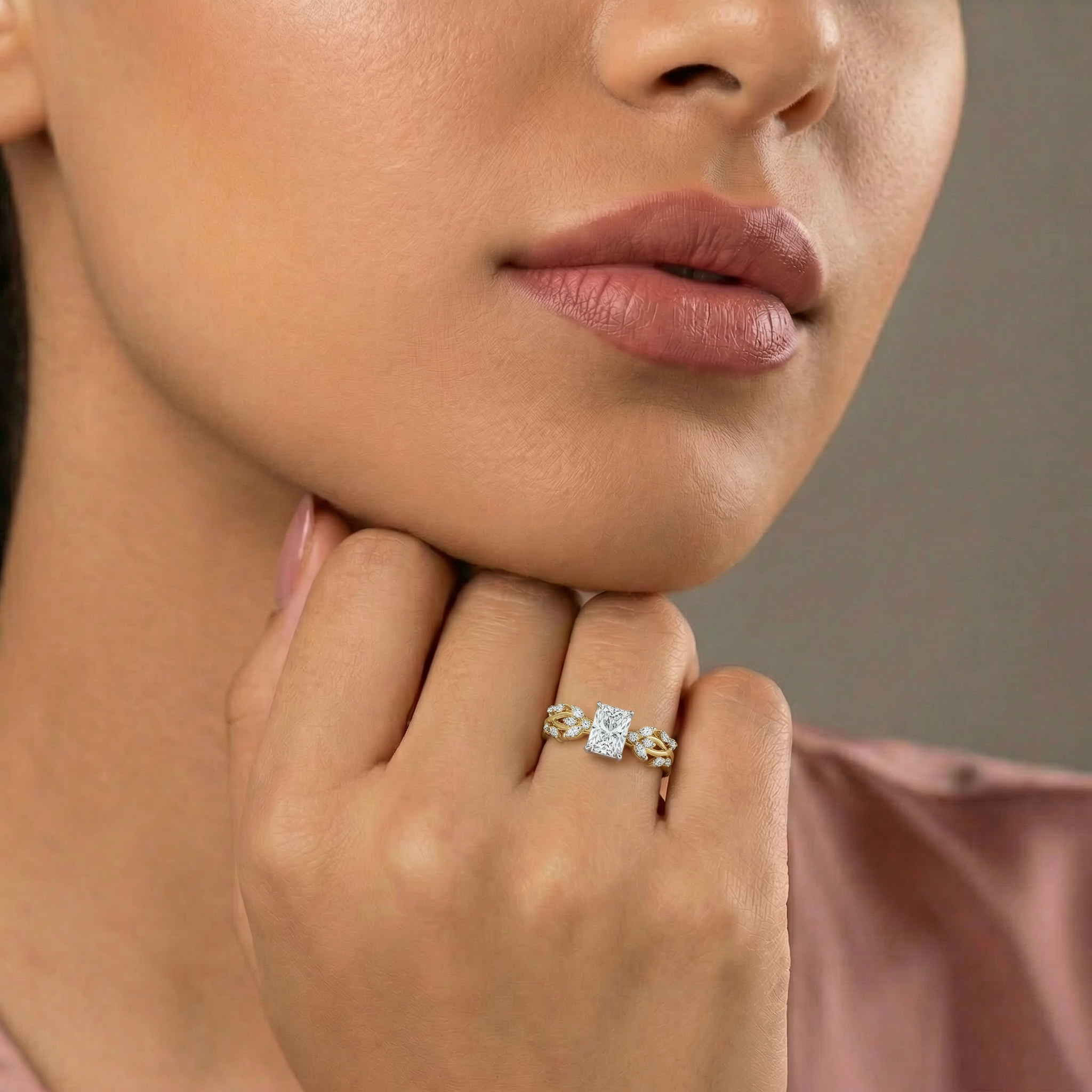 Floral Side Accent Radiant Lab Grown Diamond Ring