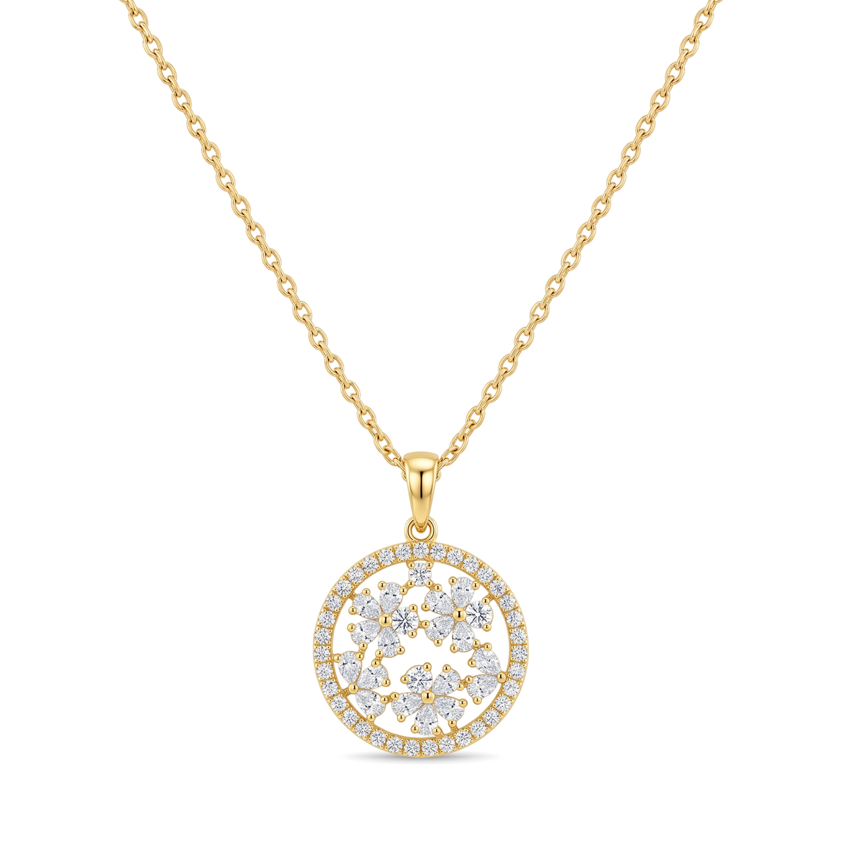 Floral Medallion Cluster Pear and Round Diamond Pendant