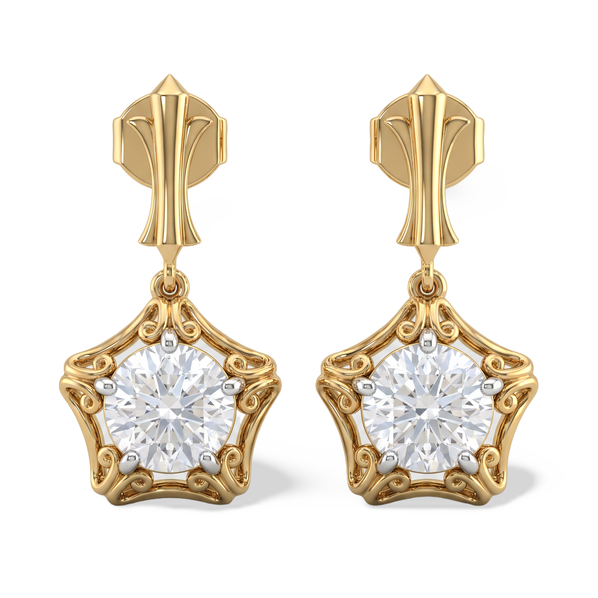 Round Star Scrollwork Gold Diamond Earring