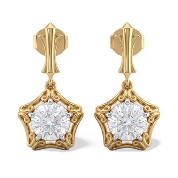 Round Star Scrollwork Gold Diamond Earring