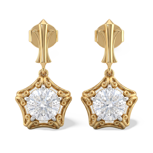 Round Star Scrollwork Gold Diamond Earring