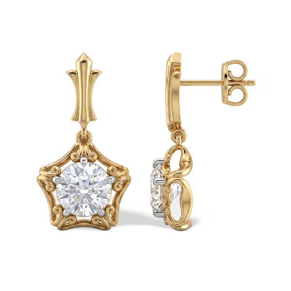 Round Star Scrollwork Gold Diamond Earring
