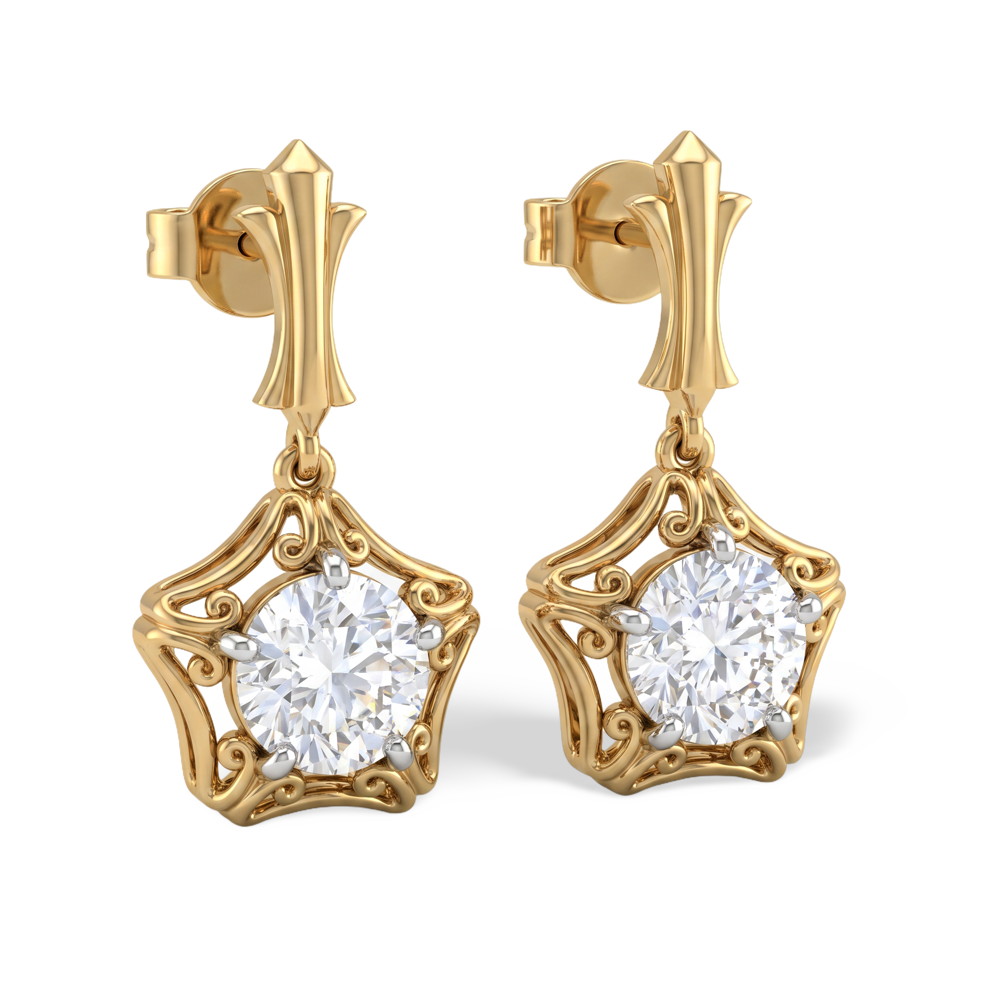 Round Star Scrollwork Gold Diamond Earring