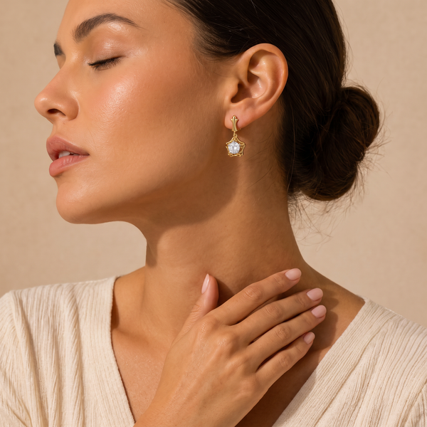 Round Star Scrollwork Gold Diamond Earring
