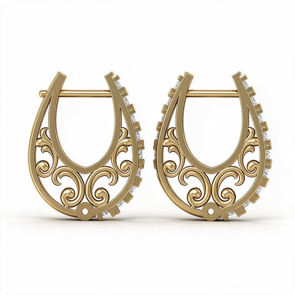A pair of gold horseshoe-shaped hoop earrings with intricate scrollwork cutouts and small clear stones along the outer edges, shown on a clean white background.