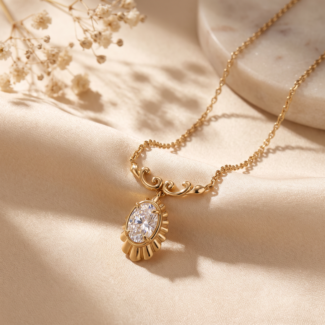 A gold chain necklace with an ornate oval pendant featuring a clear faceted gemstone, styled on draped beige fabric with dried flowers and a marble slab.