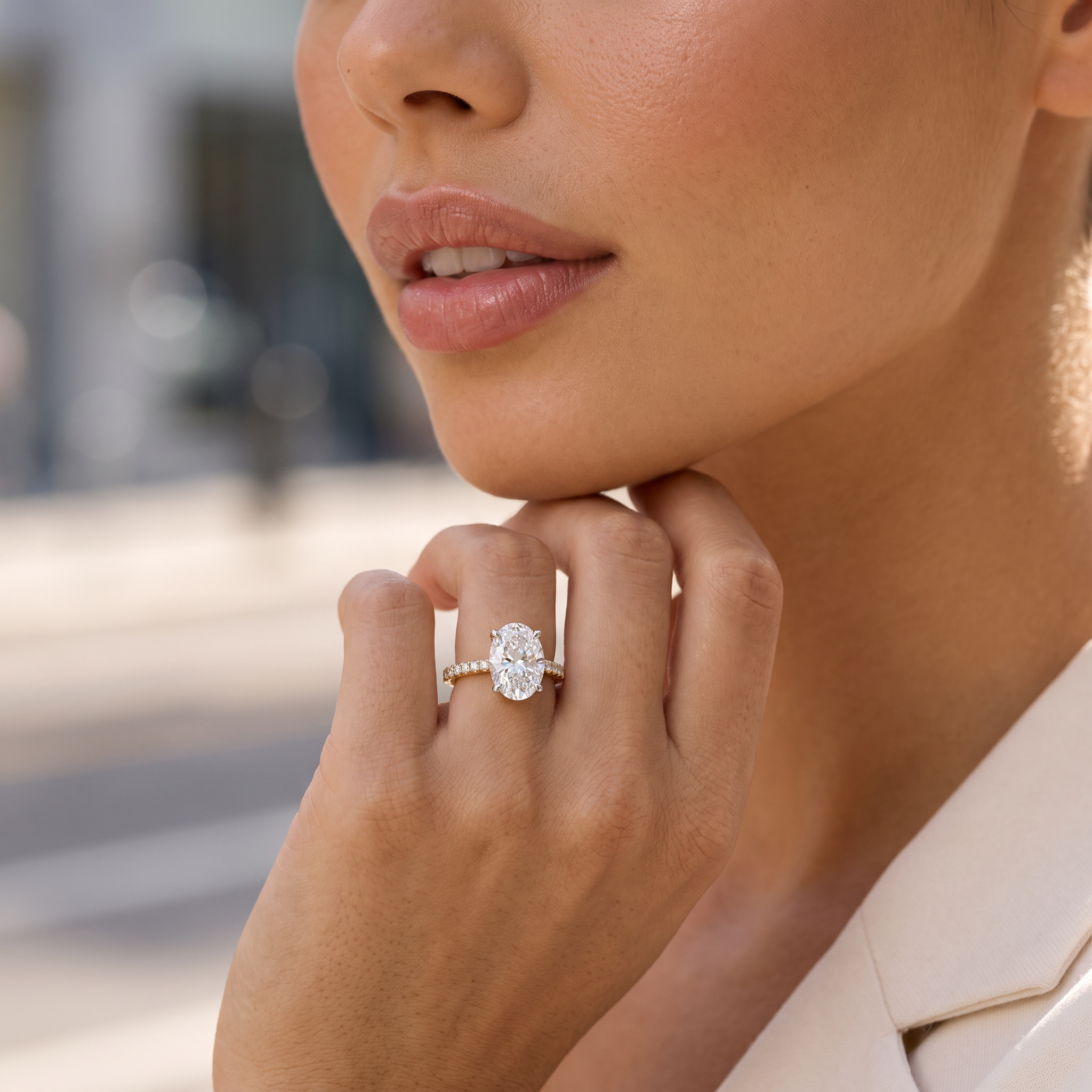 Pave Set Oval Solitaire Lab Grown Diamond Ring