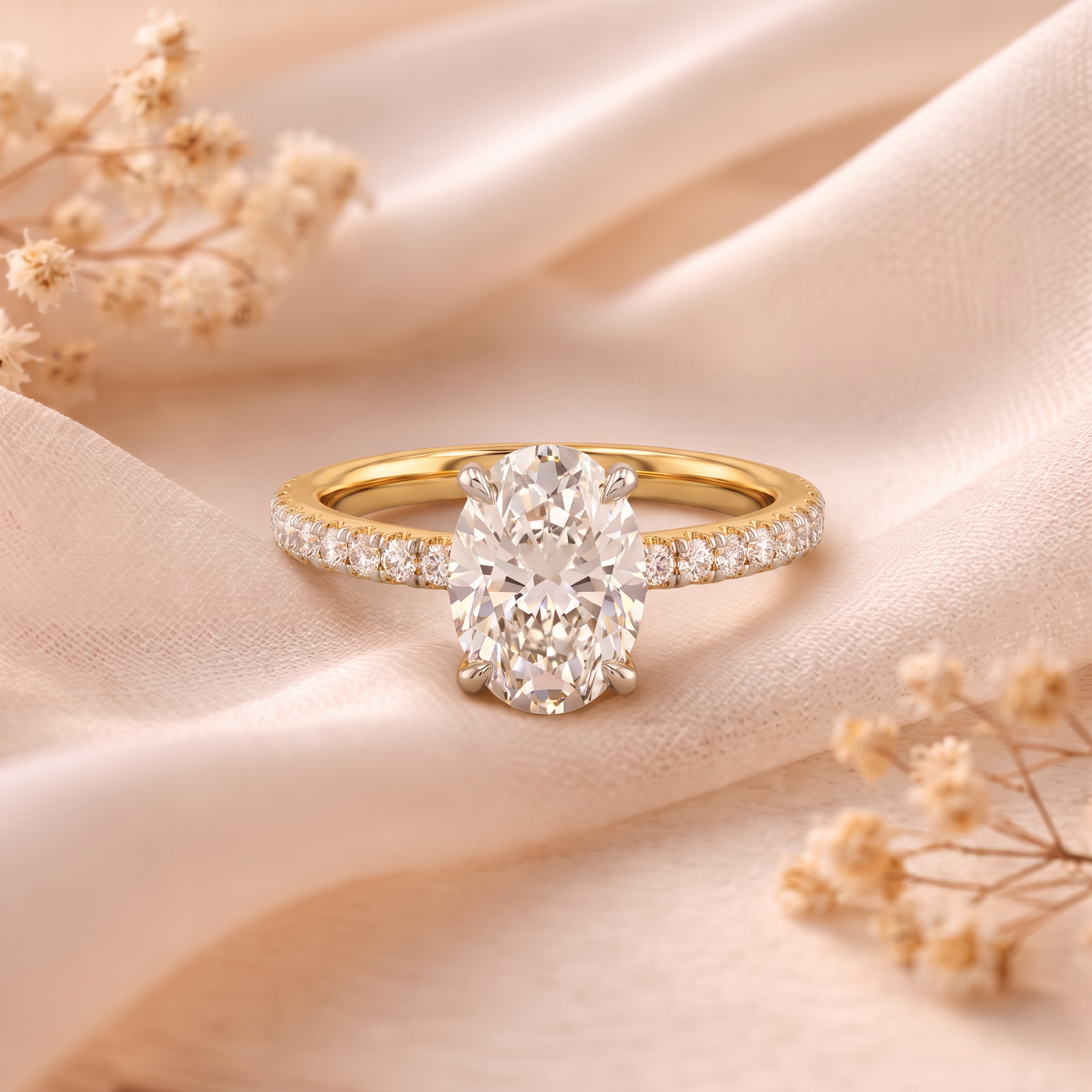 Pave Set Oval Solitaire Lab Grown Diamond Ring