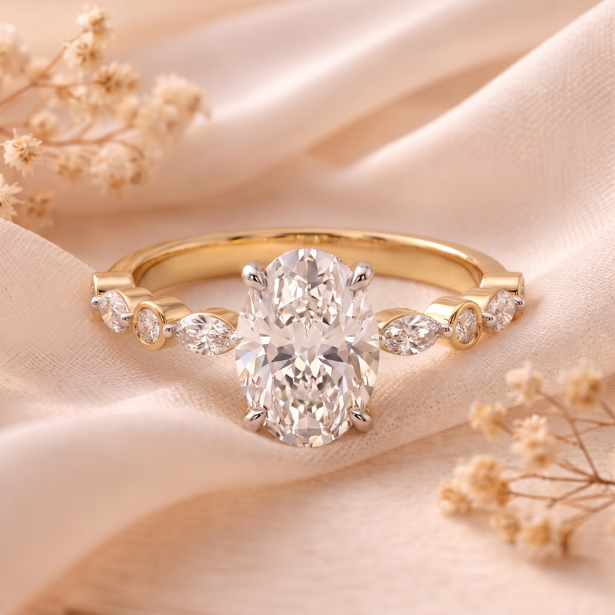 Marquise Accented Oval SolitairevLab Grown Diamond Ring Piece