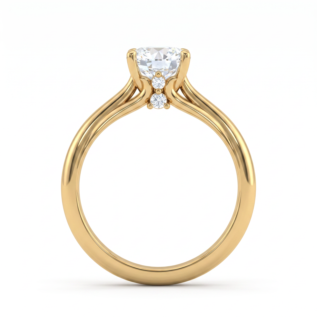A yellow gold solitaire engagement ring featuring a round brilliant-cut center stone and three small accent diamonds, shown on a clean white background.