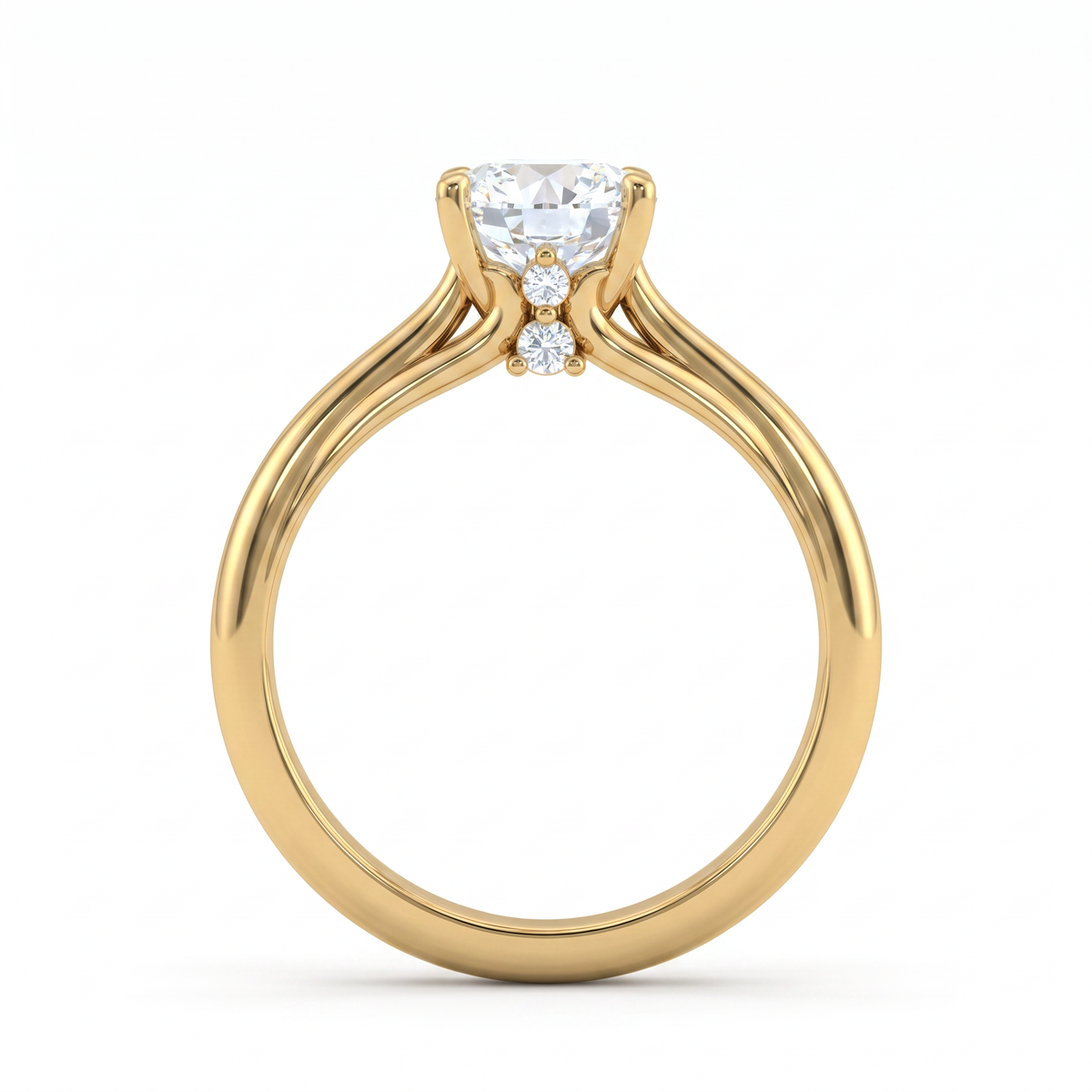 A yellow gold solitaire engagement ring featuring a round brilliant-cut center stone and three small accent diamonds, shown on a clean white background.
