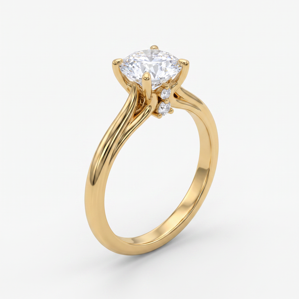 A yellow gold solitaire engagement ring featuring a cushion-cut diamond center stone and small accent diamonds on the band, shown on a clean white background.