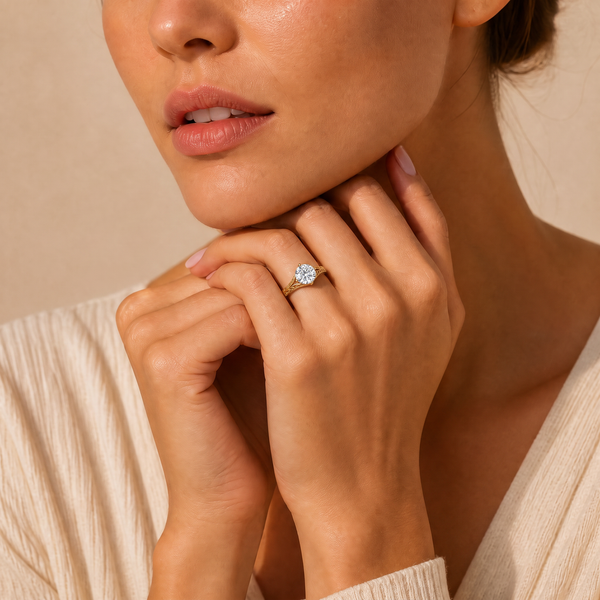 A close-up lifestyle shot of a model wearing a sparkling diamond engagement ring with a heart-shaped center stone and side stones on her ring finger. She is wearing a cream-colored ribbed knit top against a warm beige background.