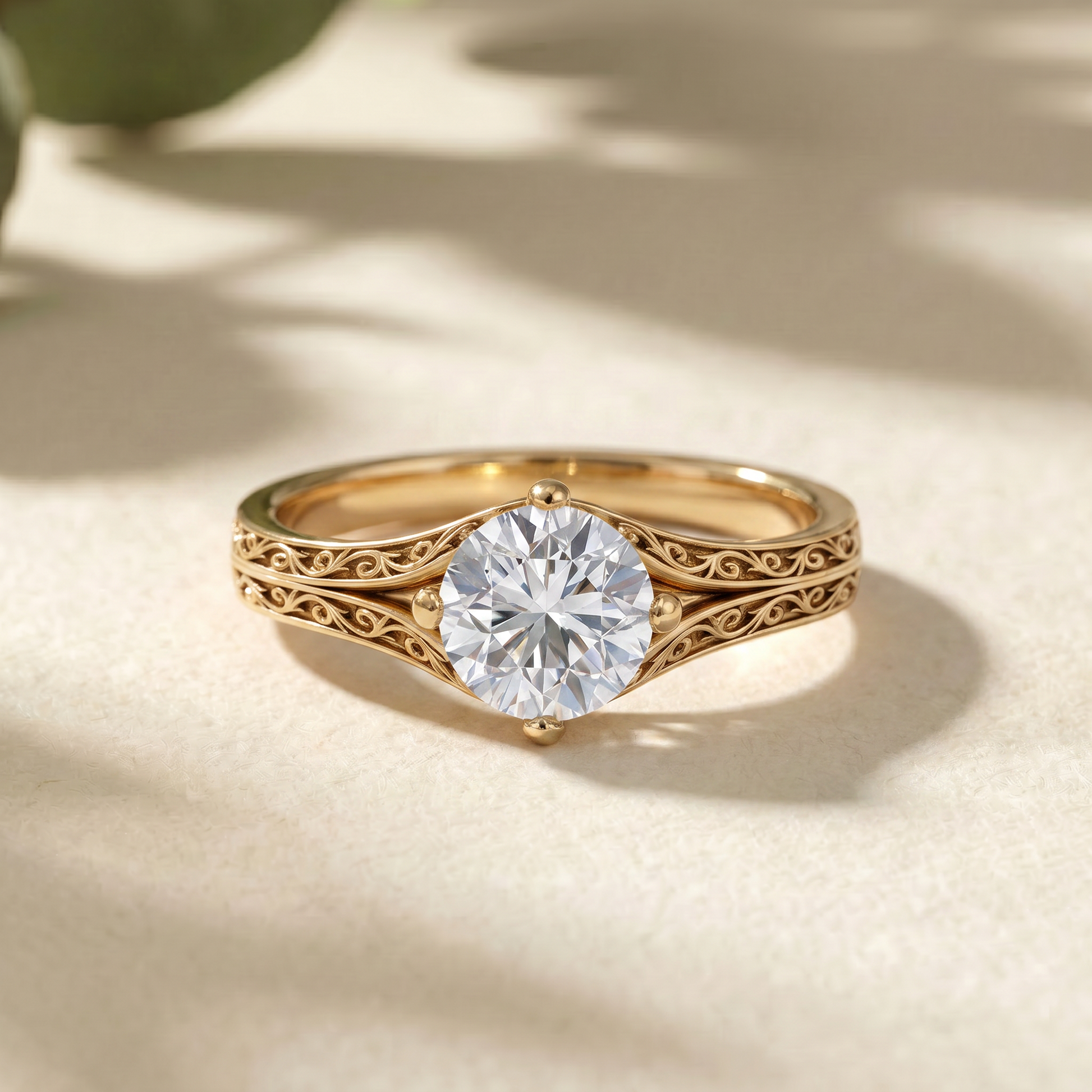 A gold ring with an ornate filigree band and a round brilliant-cut clear gemstone, photographed on a warm beige surface with soft leaf shadows.