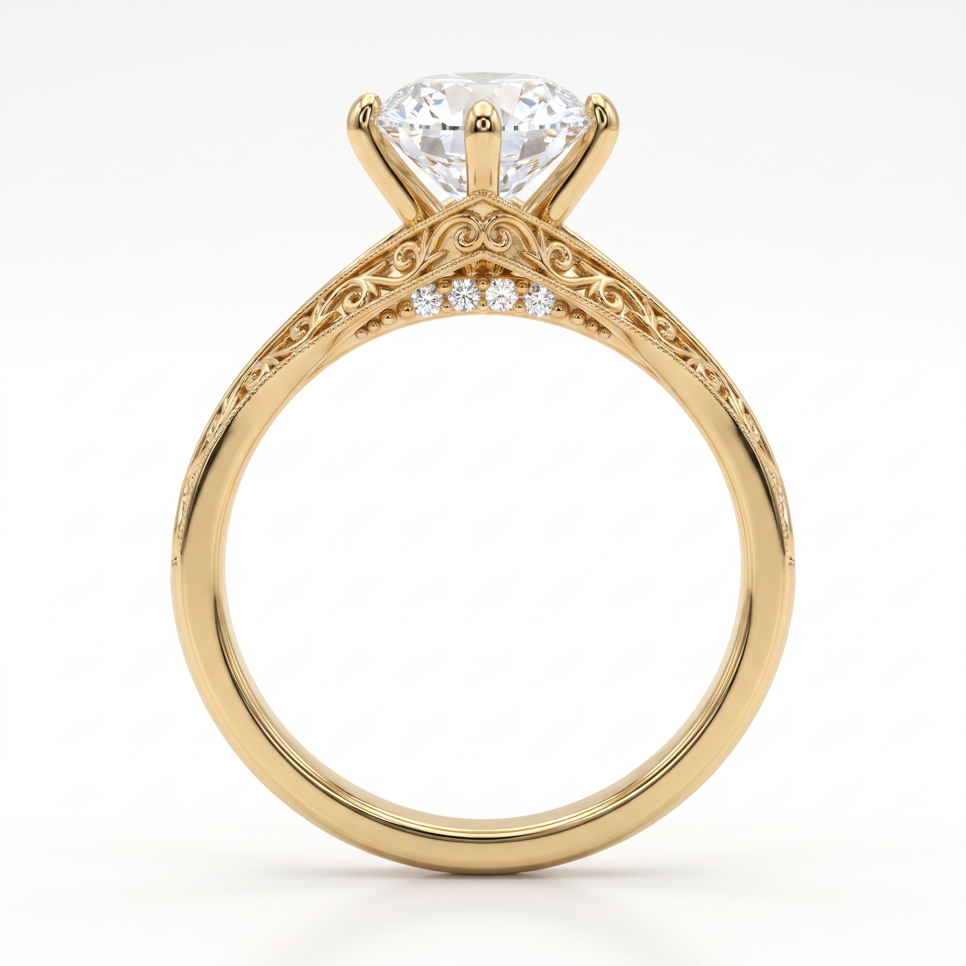 A yellow gold engagement ring featuring a large round brilliant-cut diamond center stone and small accent diamonds along the band, set against a clean white background.