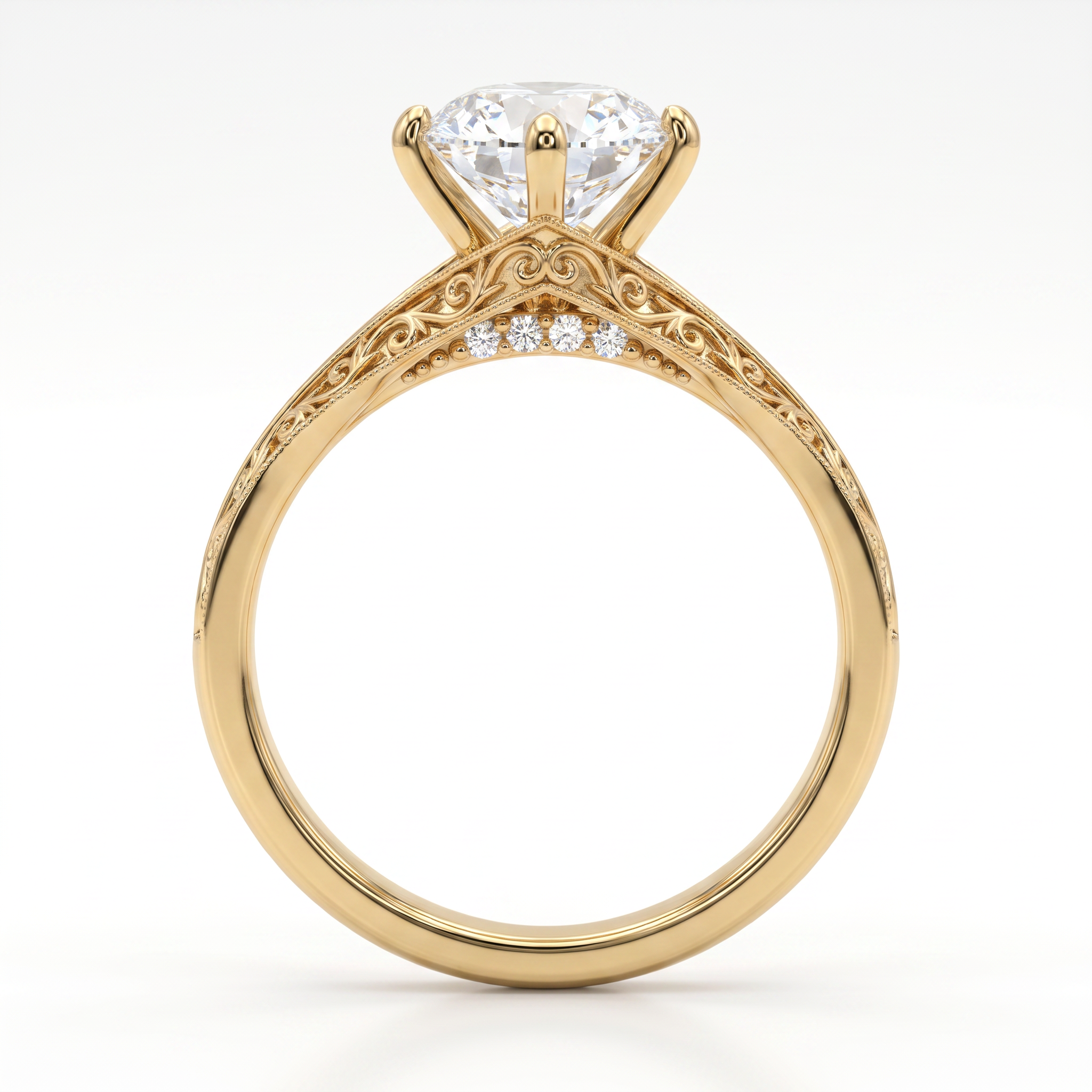 A yellow gold engagement ring featuring a large round brilliant-cut diamond center stone and small accent diamonds along the band, set against a clean white background.