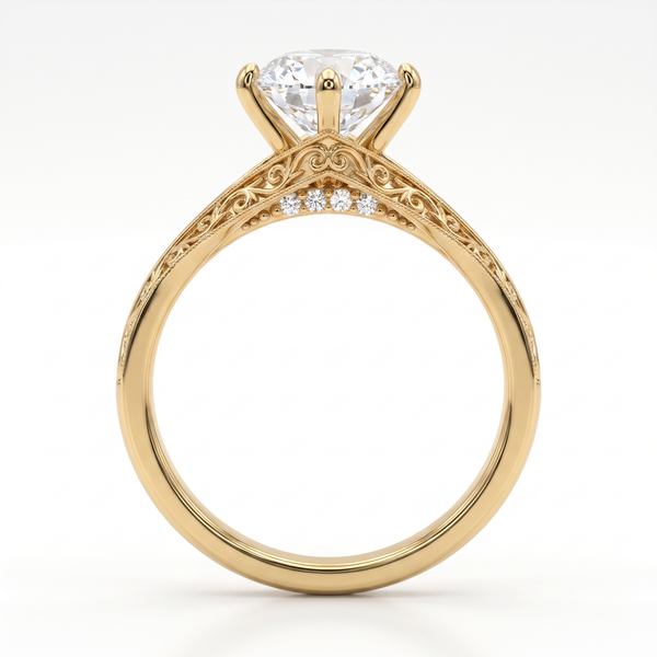 A yellow gold engagement ring featuring a large round brilliant-cut diamond center stone and small accent diamonds along the band, set against a clean white background.