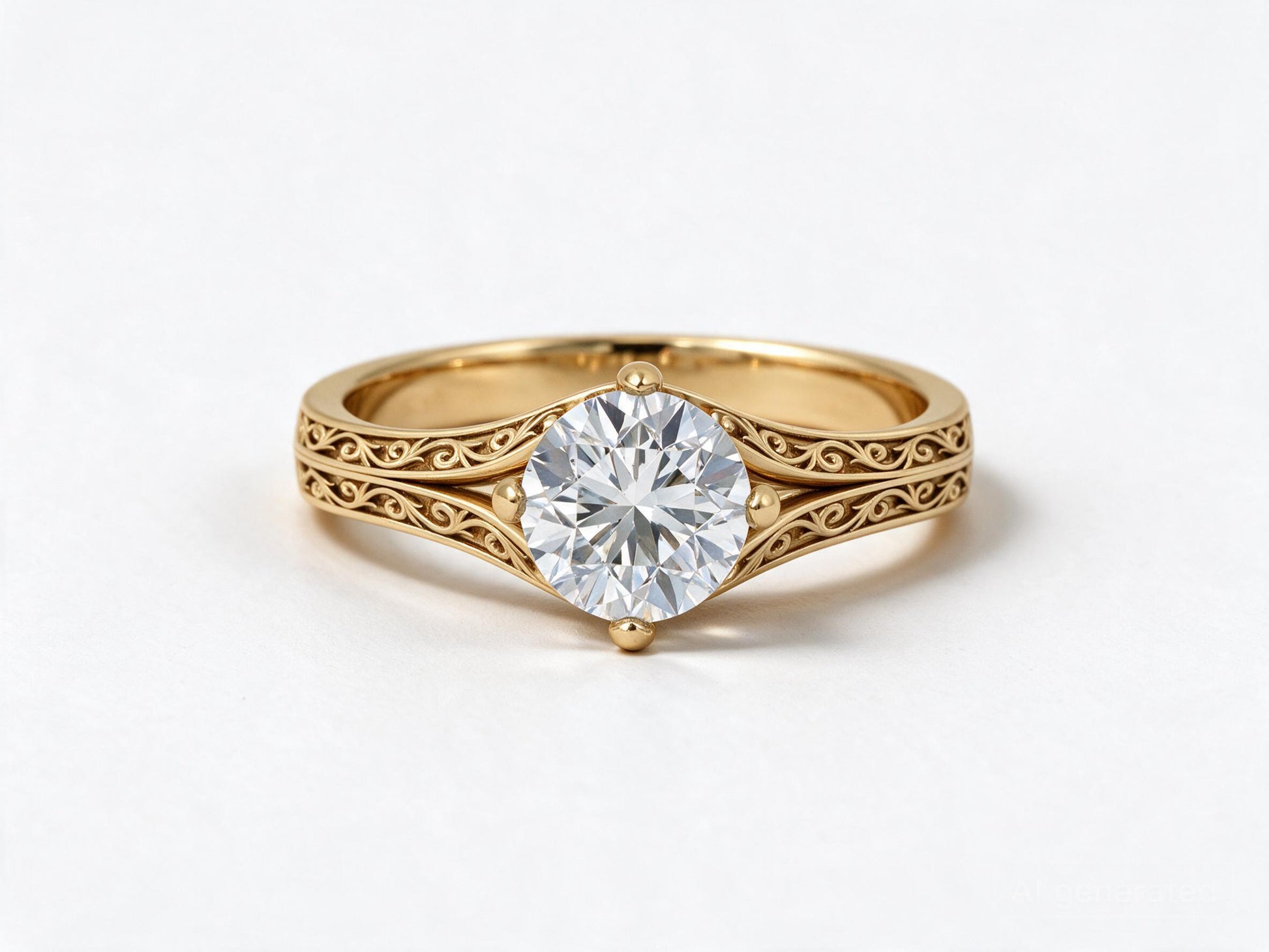 A yellow gold solitaire engagement ring with an intricate filigree band and a round brilliant-cut diamond center stone, shown on a clean white background.