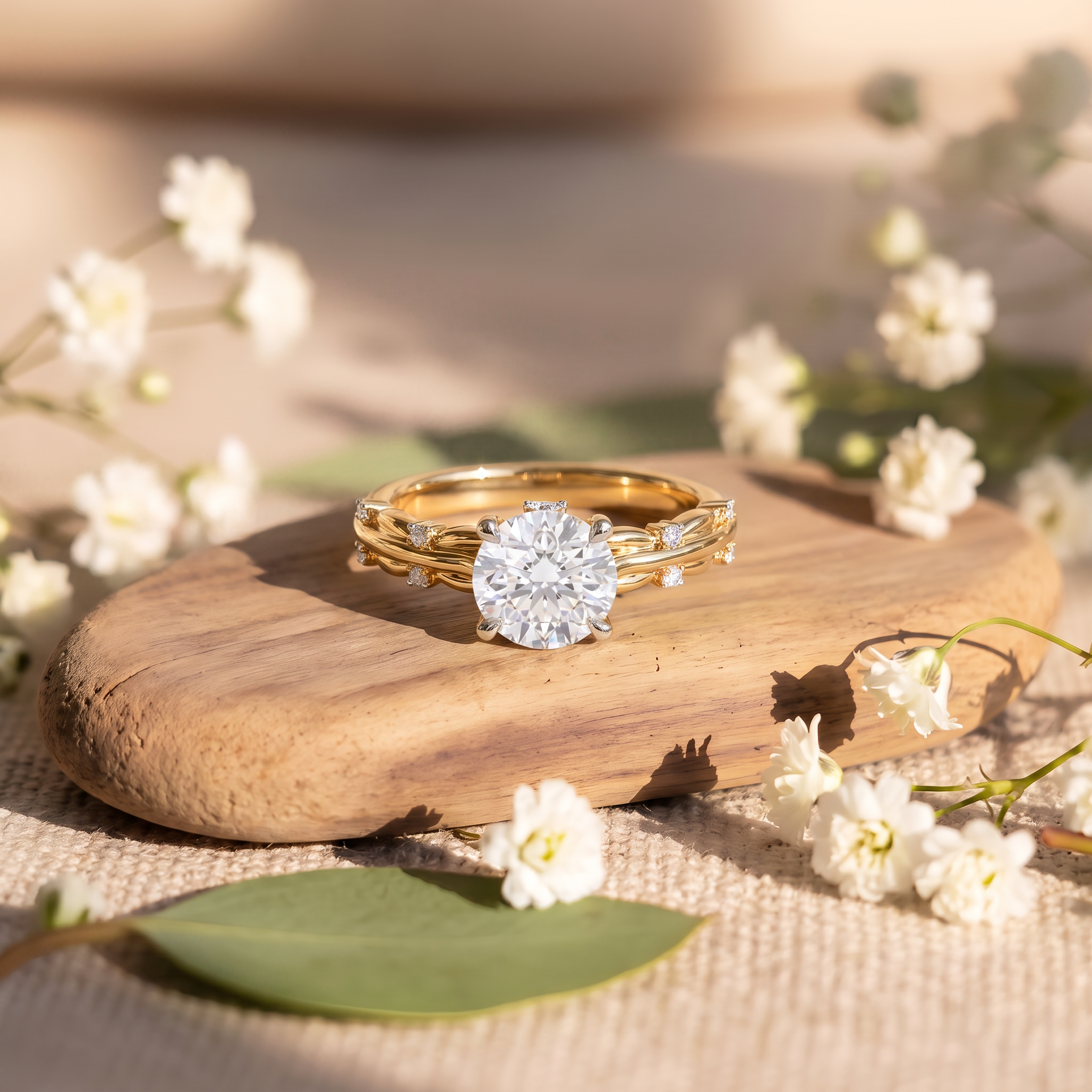 Sophisticated Twisted Feature round Solitaire Lab Grown Diamond Ring