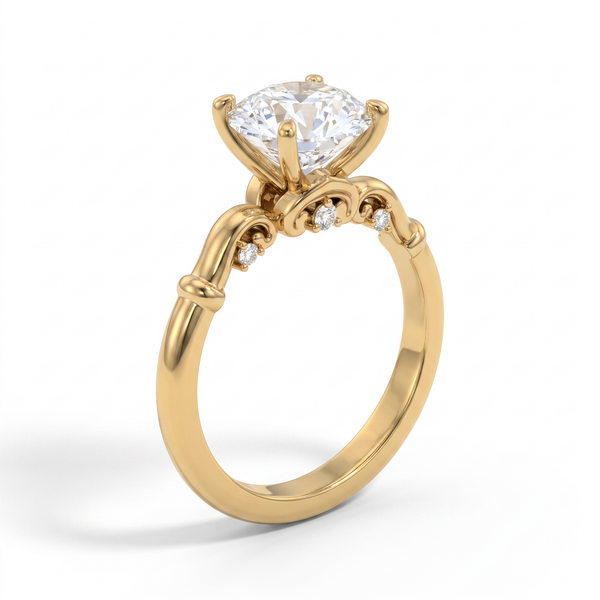 A yellow gold ring featuring a large marquise-cut clear lab grown diamond in a four-prong setting, with three small accent diamonds along the band and decorative scrollwork near the top, shown on a white background.