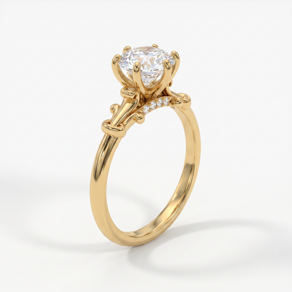 A yellow gold solitaire engagement ring featuring a cushion-cut diamond center stone and a pavé band with small accent diamonds, set against a clean white background.