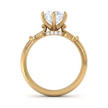 A yellow gold solitaire engagement ring featuring a large round brilliant-cut center stone in a four-prong setting, with a curved shank accented by three small pavé diamonds, shown on a clean white background.