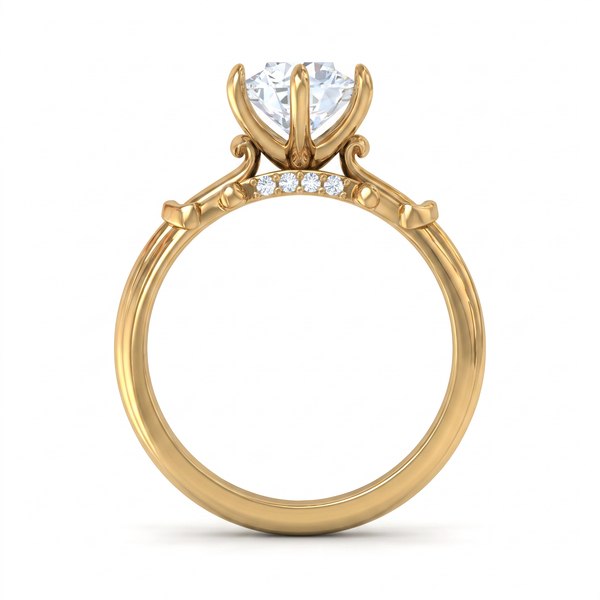 A yellow gold solitaire engagement ring featuring a large round brilliant-cut center stone in a four-prong setting, with a curved shank accented by three small pavé diamonds, shown on a clean white background.
