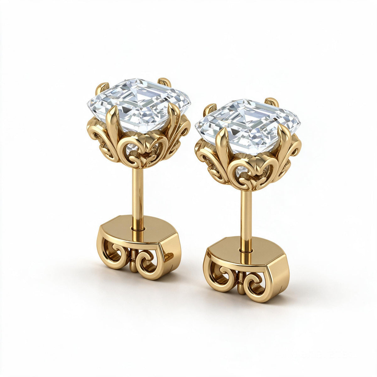 Asscher Cut Scroll Solitaire Studs