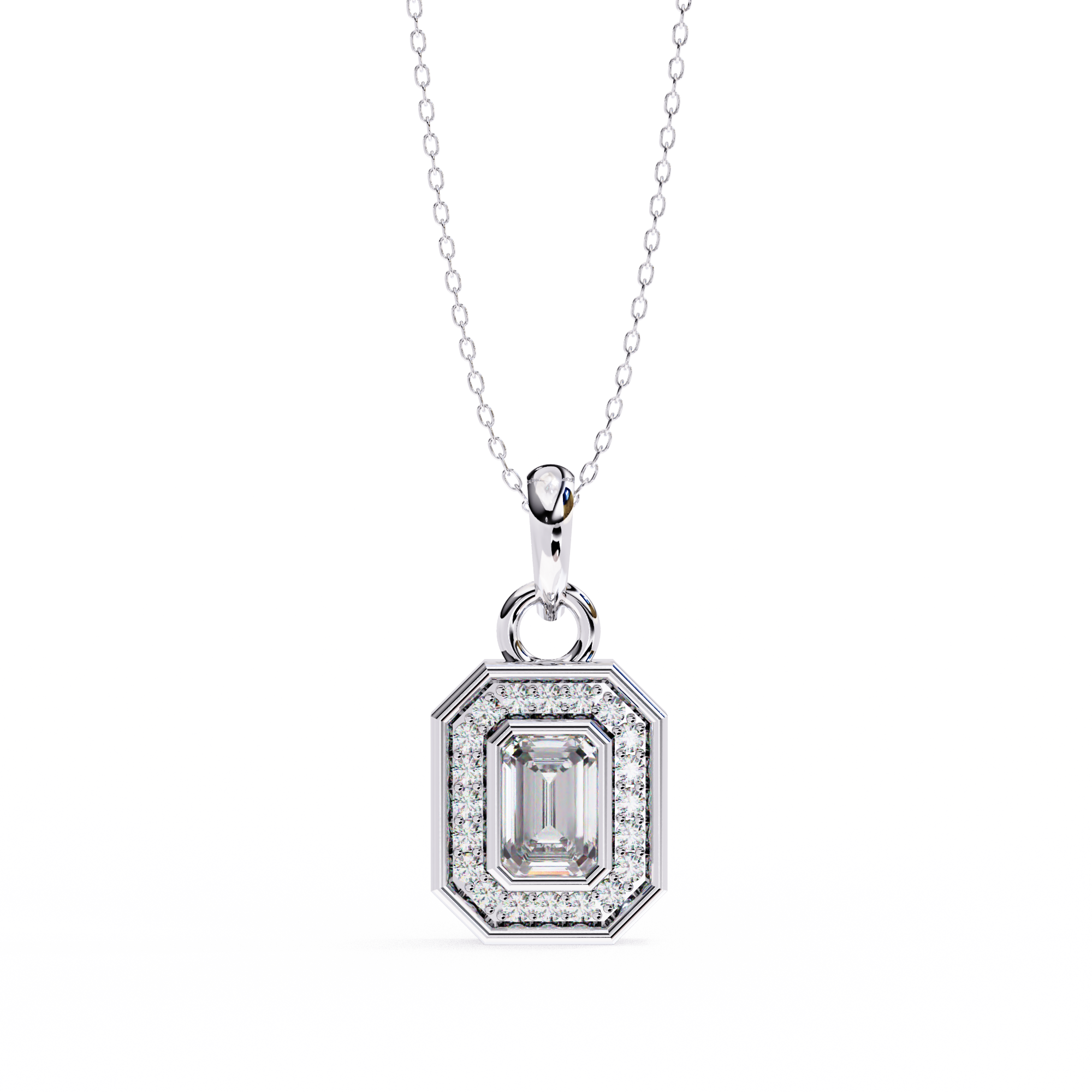 Classic Emerald Cut Diamond Halo Pendant