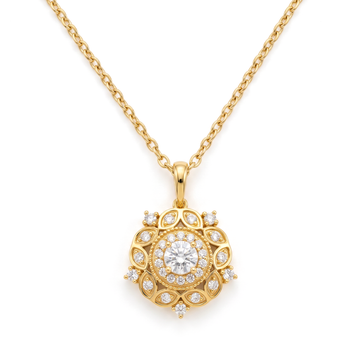 Ornate Vintage Medallion Halo Round Diamond Pendant