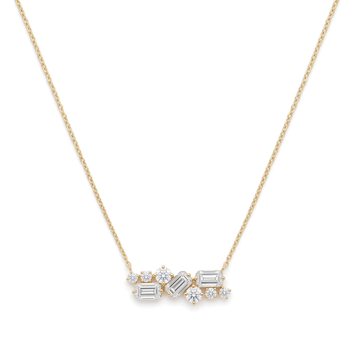 Asymmetrical Mosaic Cluster Emerald Cut and Round Diamond Pendant
