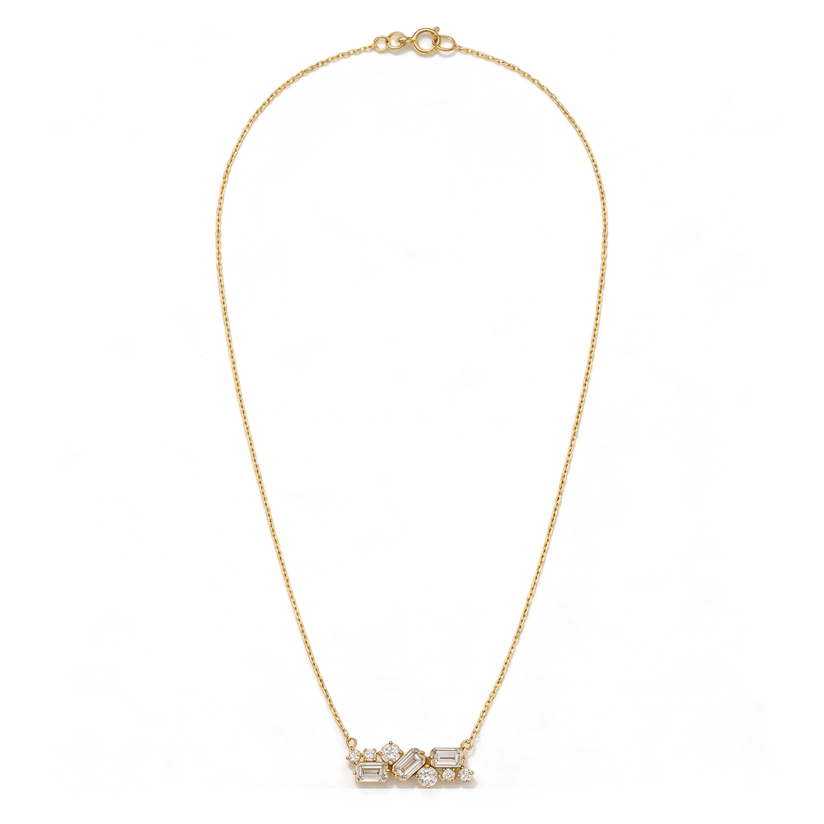 Asymmetrical Mosaic Cluster Emerald Cut and Round Diamond Pendant