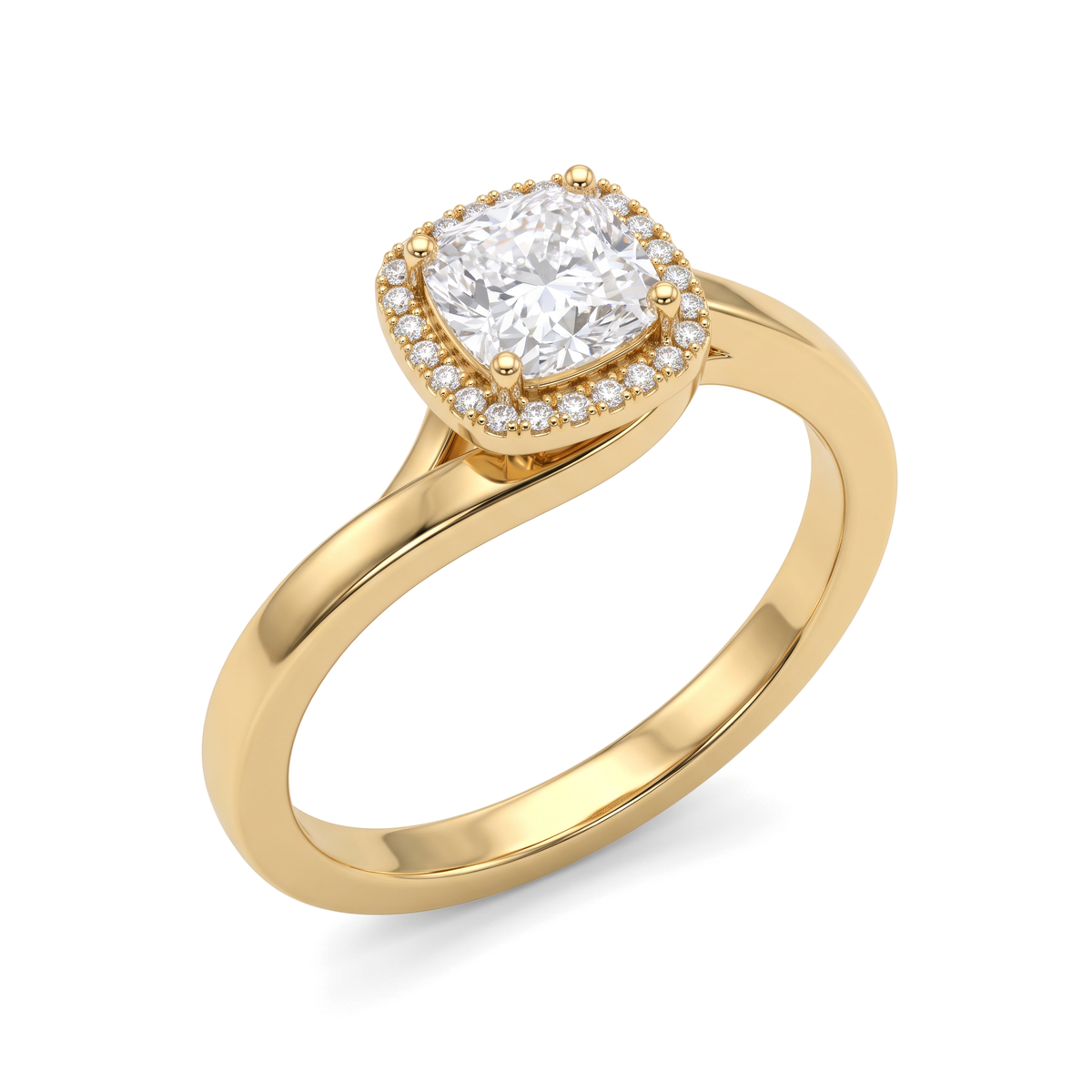 Bypass Twist Halo Cushion and Round Diamond Ring