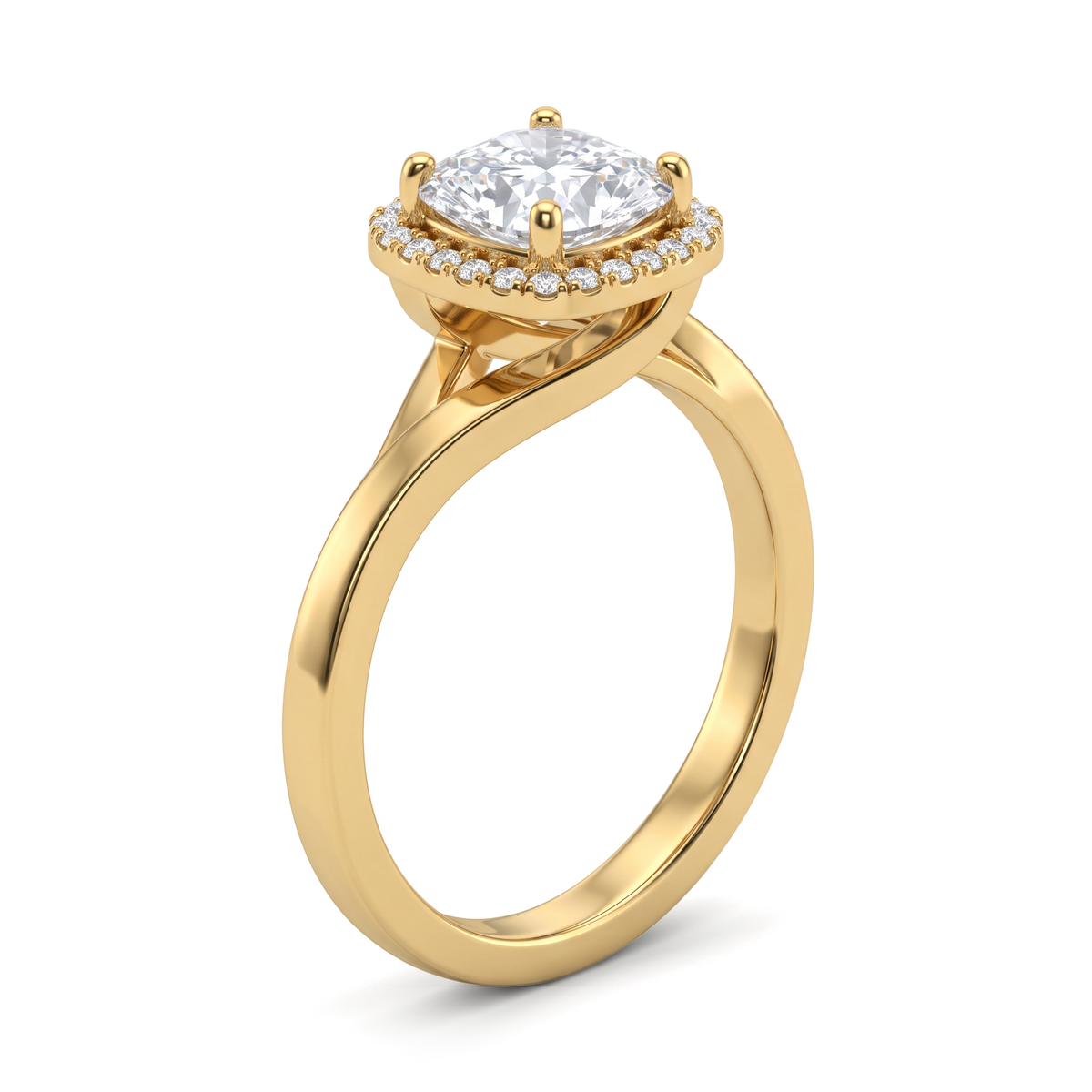 Bypass Twist Halo Cushion and Round Diamond Ring