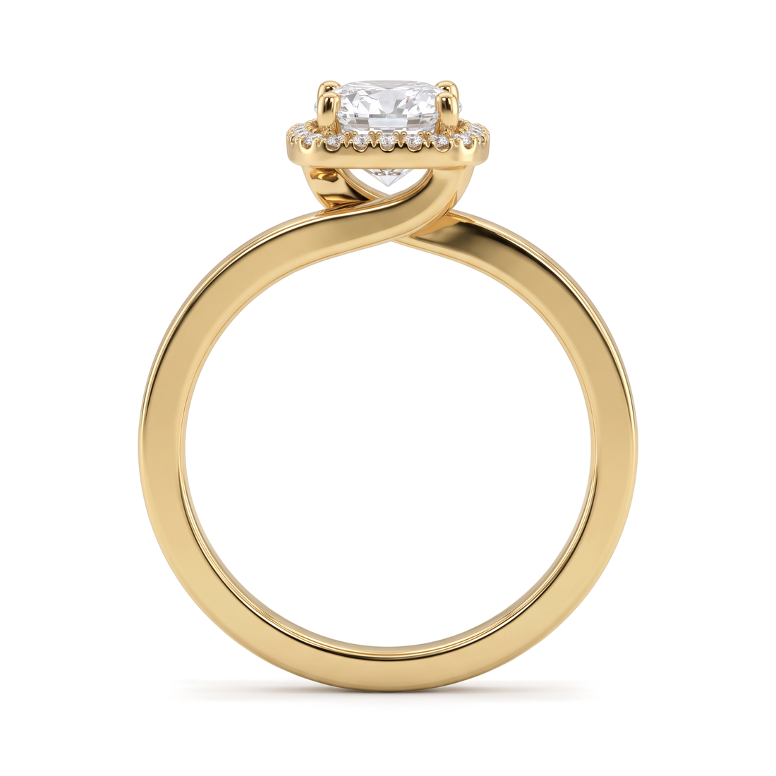 Bypass Twist Halo Cushion and Round Diamond Ring