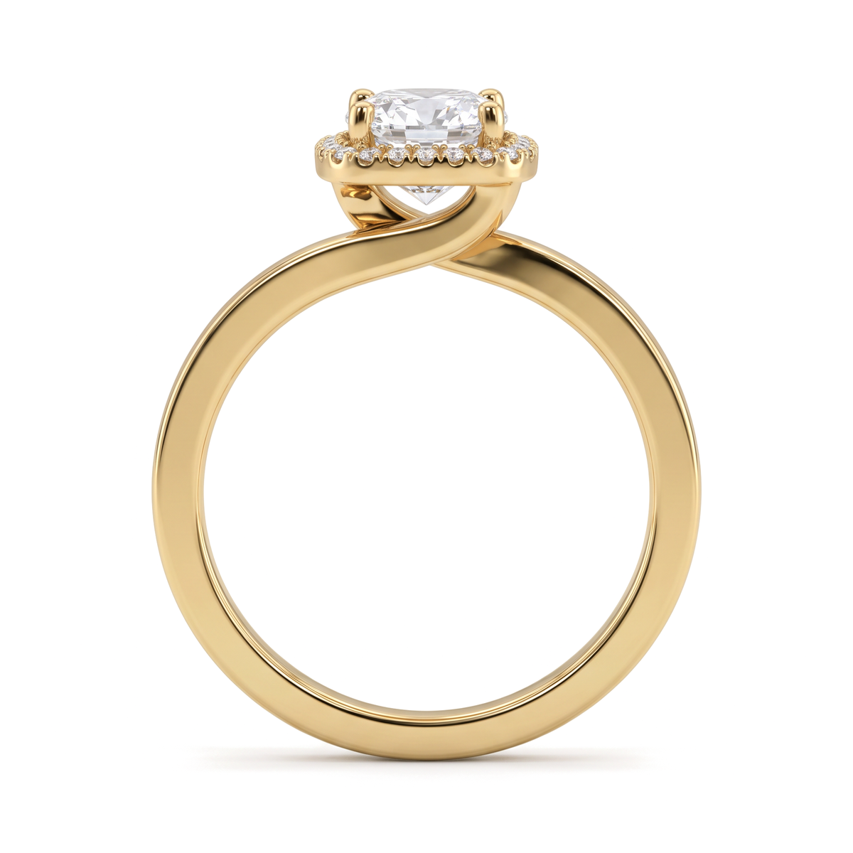 Bypass Twist Halo Cushion and Round Diamond Ring