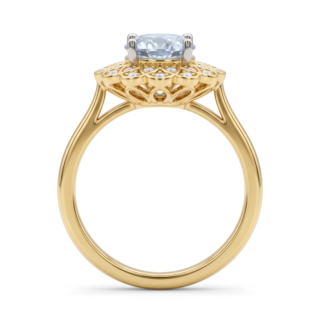 Blooming Floral Petal Double Halo Round Diamond Ring