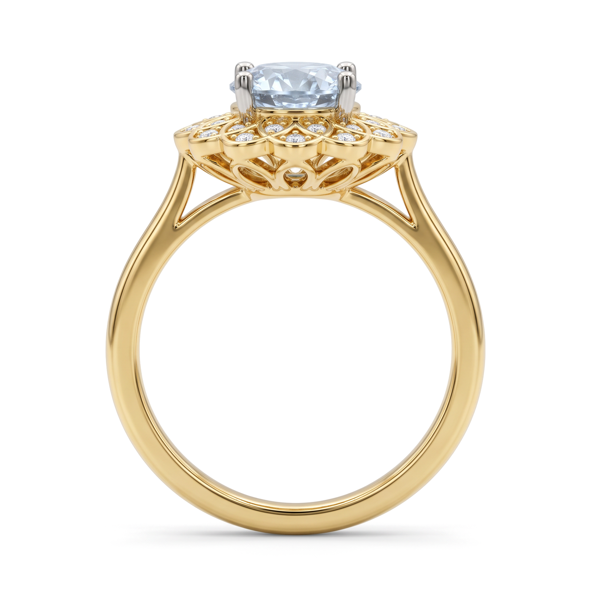 Blooming Floral Petal Double Halo Round Diamond Ring