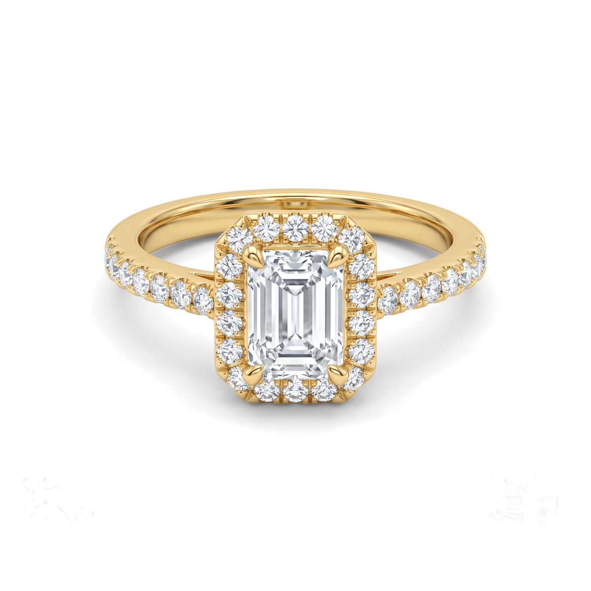 Emerald Halo Pavé Cathedral Diamond Ring